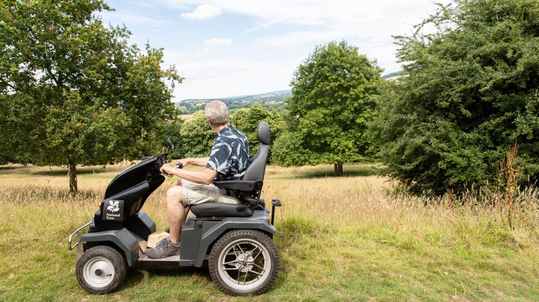 A Visitor takes in the sights of Killerton's parkland on the bookable tramper, Devon